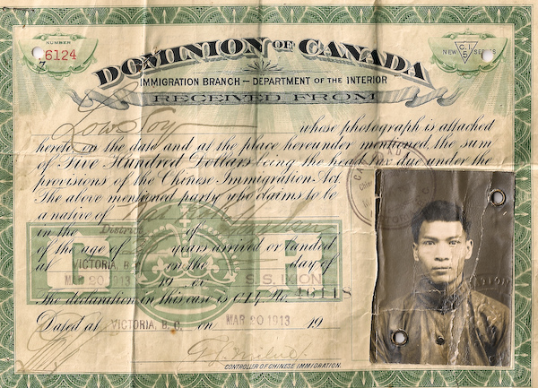 The head tax certificate of Alan Lowe’s grandfather, Lowe Sai (Low Sai), 1913