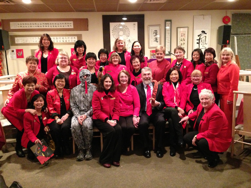 Victoria's Chinatown Lioness Club group photo with local historian John Adams (centre, front row) at the annual Chinatown Lioness spring festival banquet, 2013. Charlayne  Thornton-Joe is third from left, second row. Photo courtesy of Charlayne Thornton-Joe.