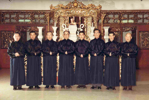 CCBA president Jack Lee (fourth from left) with seven other leaders at the rededication ceremony of the Palace of Saints in May 1966. The shrine was moved to the new office of the CCBA at the Chinese Public School, 636 Fisgard Street (Photo courtesy of Robert Lee).