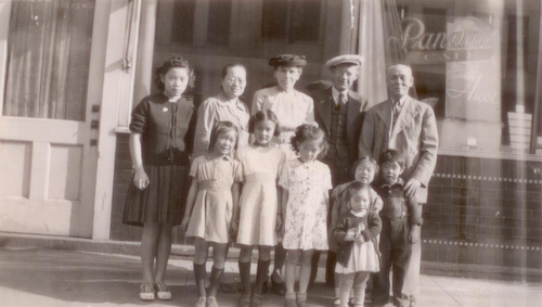 The Chan family in front of the Panama Cafe in 1947. Chan Dun is at the back right (Photo courtesy of Anthony Chan).